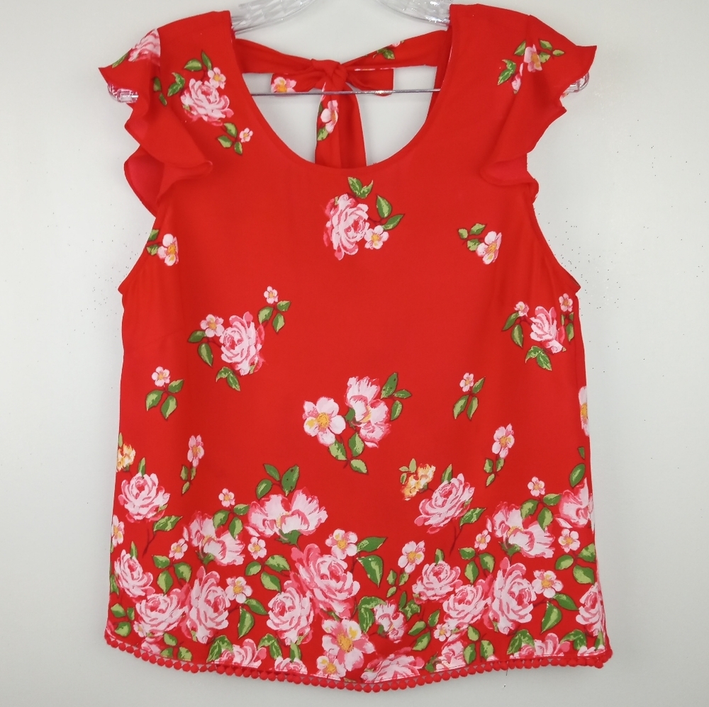 NWOT Twine & String Flutter Sleeve Tie-Back Floral Rose Blouse Sz. M